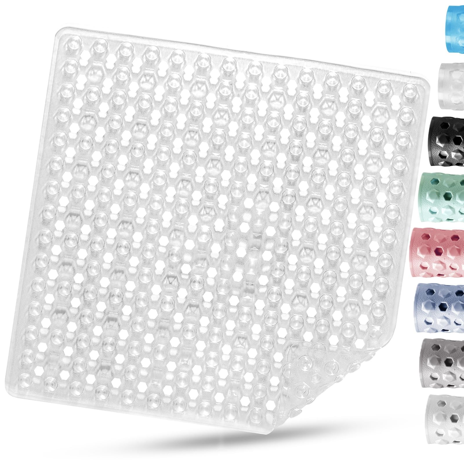 DOPROP Square Shower Mat Non Slip Anti Mould for Inside Shower 53x53cm PVC Bath Mat with Suction Cups Drain Holes Machine Washable Safety Bathroom Mat, Clear