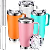 Sieral 4 Pcs 20 oz Insulated Travel Tumbler with Lid, Straw and Handle - Tumbler Mug Double Layer Vacuum Stainless Steel Sublimation Thermal Cups(Bright Colors)