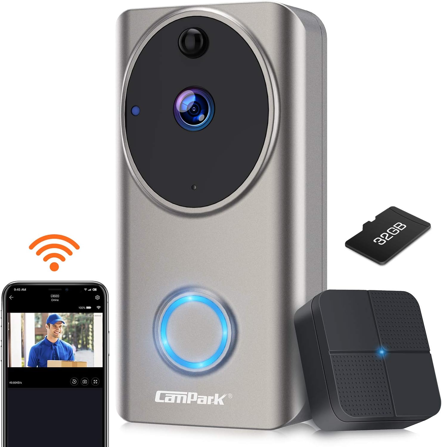 Campark WiFi Video Doorbell Camera with Chime, 1080P,Battery Powered,Weatherproof,Human Detection,2-Way Audio,Night Vision,32GB Storage,Work with Alexa