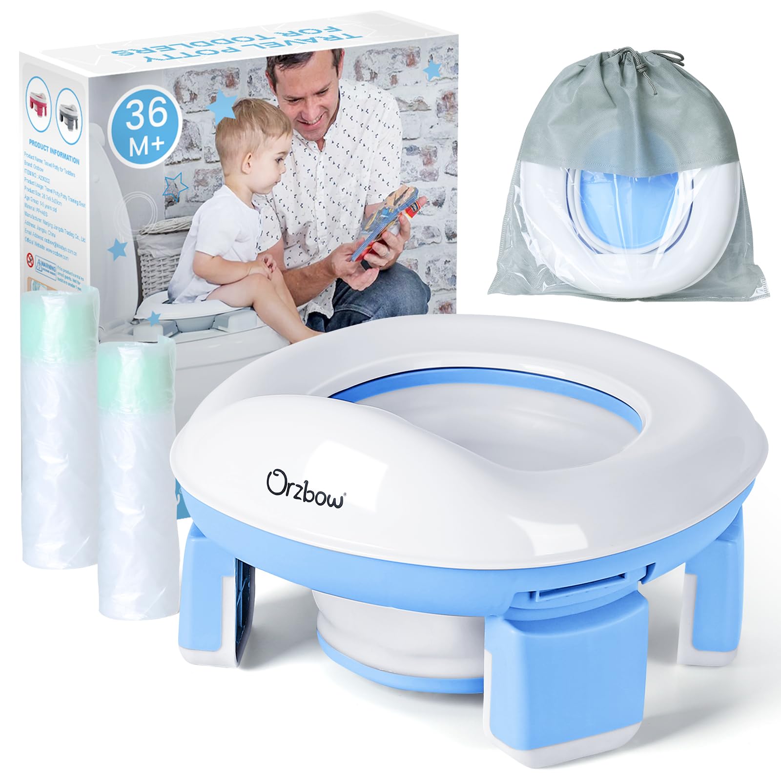 Orzbow Portable Potty for Toddlers, Travel Potty Training Toilet Seat with 4 Legs, Foldable Kids Toilet Seat with 40pcs Potty Bags, Detachable Carry Baby Potty with Splash Guard for Toddlers (Blue)