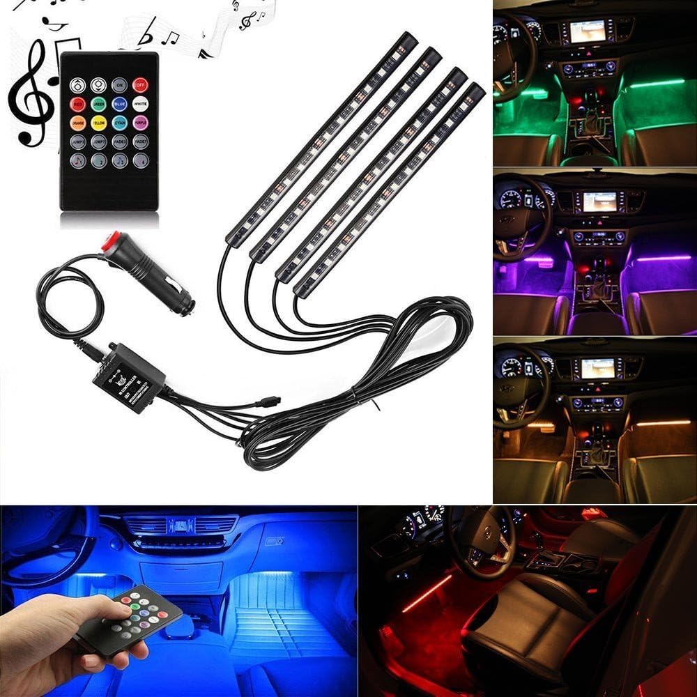 Car LED Strip Light, YougIka 4pcs 48 LED DC 12V Multicolor Music Car Interior Light LED Under Dash Lighting Kit with Sound Active Function and Wireless Remote Control, Car Charger Included