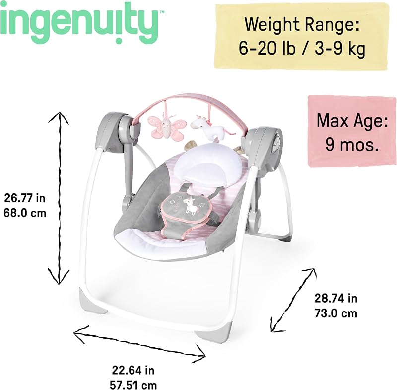 , Columpio Compacto y Plegable Flora el Unicornio, 6 velocidades de balanceo, temporizador, 12 melodías, arco de juegos extraíble, rosa, desde recién nacido hasta los 9 kg, 1 Unidad