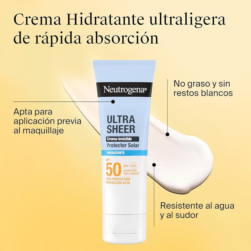 Creme Hidratante Ultra Sheer Solar Invisível SPF50 (50 ml), protetor solar facial de espectro amplo 50, hidratante facial hipoalergénico e não oleoso, protetor solar à prova de água