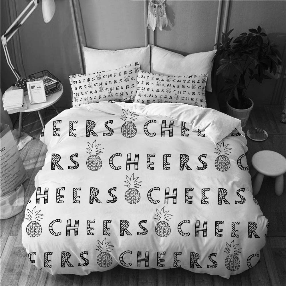 BOKEKANG Duvet Cover Set King Size Cheers Lettering Pineapples Black on White Light Weight Bedding S