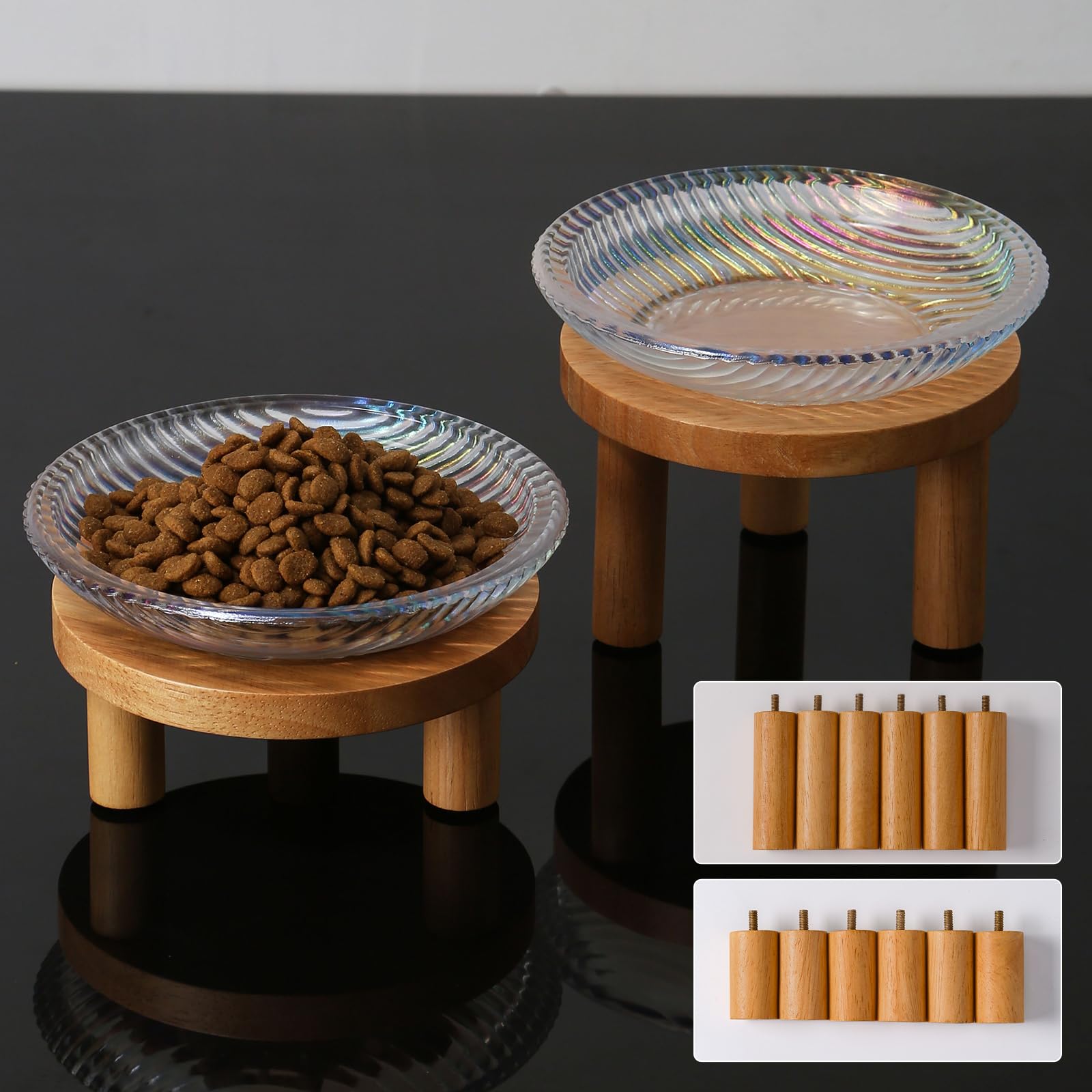 Photo 1 of **Only One** Cat Bowls Whisker Friendly with Wooden Stands. Raised Elevated Glass Whisker Fatigue Cat Bowl for Indoor Cats. 2PCS (Rainbow Colors)
