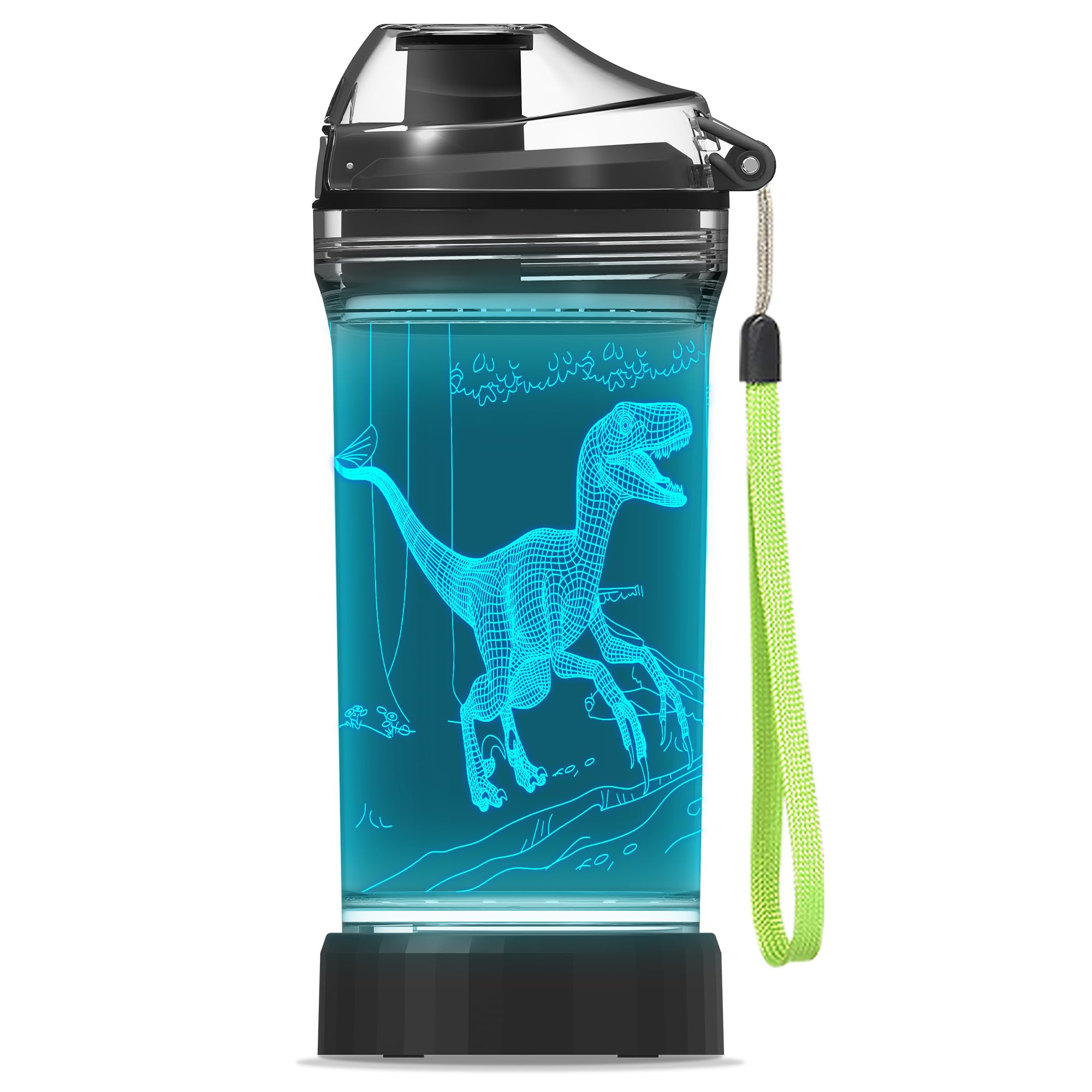 YuanDian Light Up Dinosaur Water Bottle with Color Changing Night Light- 14 OZ Tritan BPA Free Eco-Friendly - Cute Velociraptor Kids Drinking Cups Gift for School Boy Girl Child Christmas Holiday