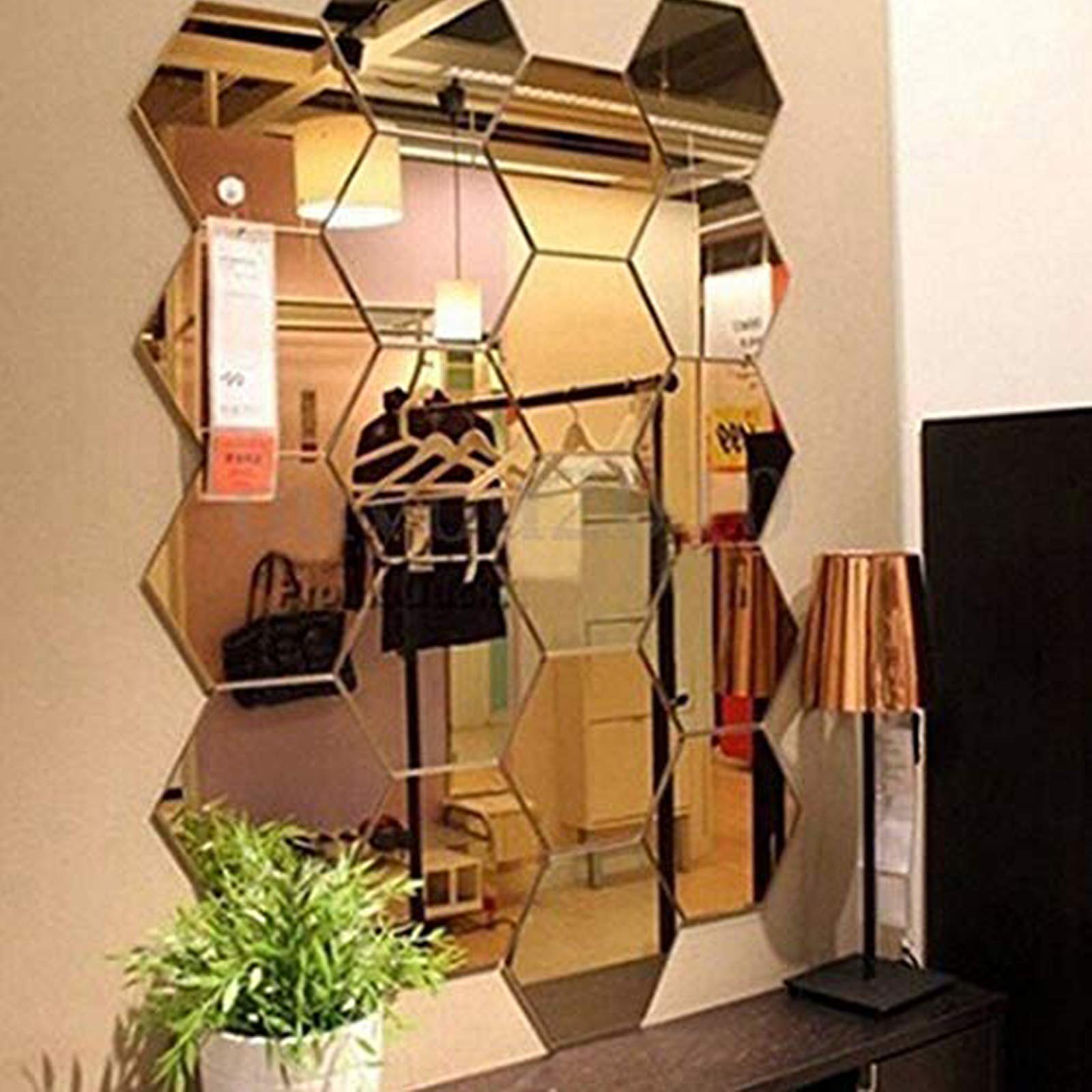 Manco Luella 12 Pcs Acrylic Mirror Wall Stickers Hexagon Plastic Wall Stickers for Home Decor Living Room Bedroom Over Sofa or TV Gold