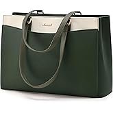 LOVEVOOK Laptop Tote Bag for Women, Work Bags Teacher Tote Bag, Waterproof Leather Computer Bag, Business Laptop Purse Office Handbag Professional Briefcase, Army green-beige, 15.6 Inch