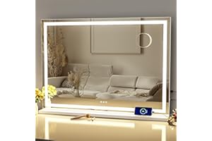 Gvnkvn Makeup Vanity Mirror with Lights 32" x 24" Large LED Makeup Mirror, Light up Mirror with 10X Magnification and USB Charging Port, Dimmable 3 Modes, Touch Screen Control Square Corner
