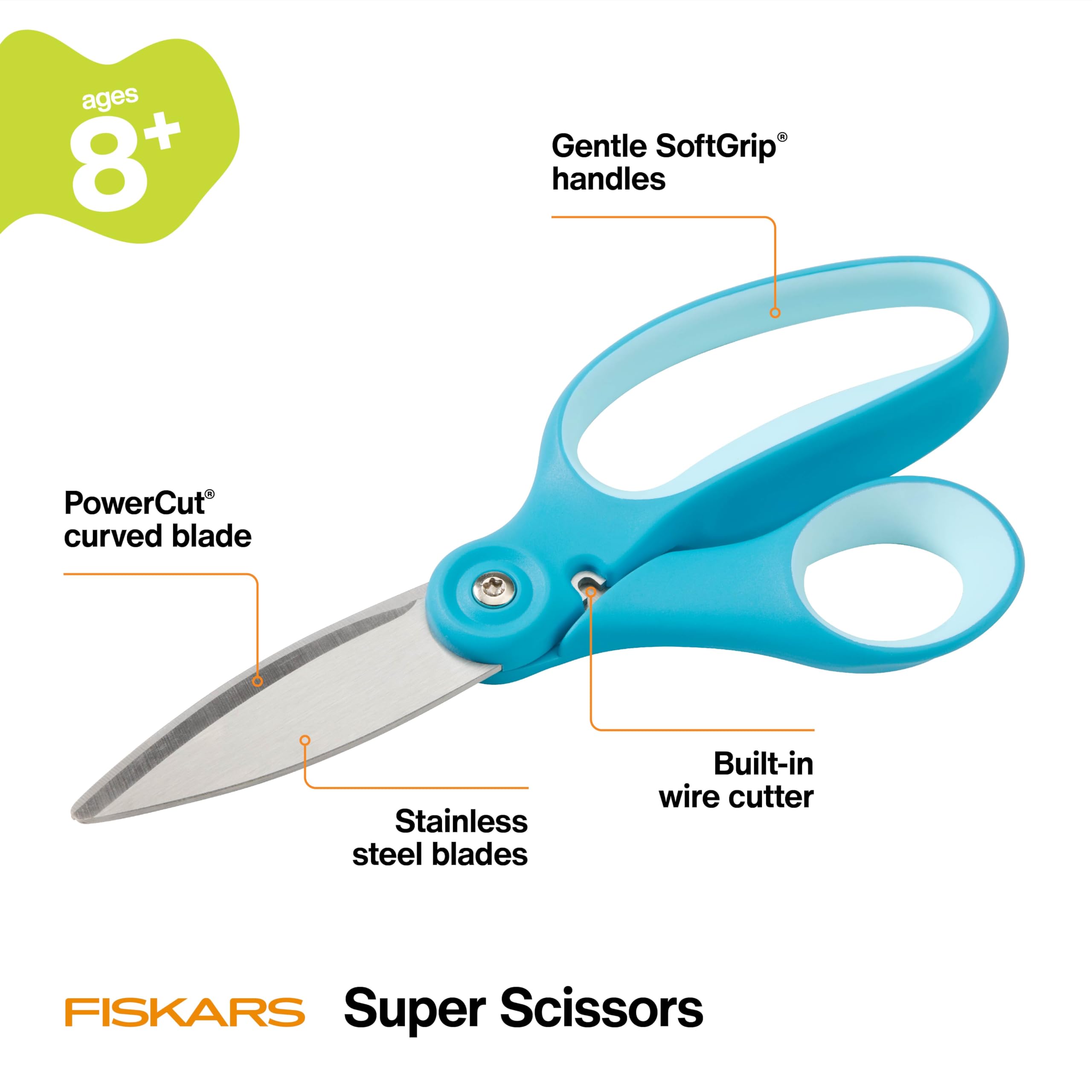 Fiskars Kids Super Scissors – Cutting Power for Cardboard, Foam, Felt & More with SoftGrip Handles, For Crafting and School Supplies, 6 inches