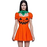 Dolls Kill Pumpkin Dress by Trickz N' Treatz – Women's Jack-O'-Lantern Mini Dress with Puff Sleeves & Leaf Collar