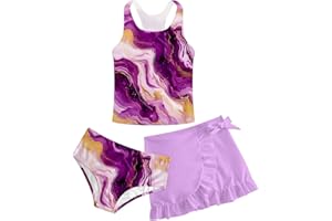 Cutemile Girls Swimsuit 3 Piece Bathing Suit Quick Dry Tankini Set with Cover Up Beach Skirt Bikini Swimwear 6-12 Years