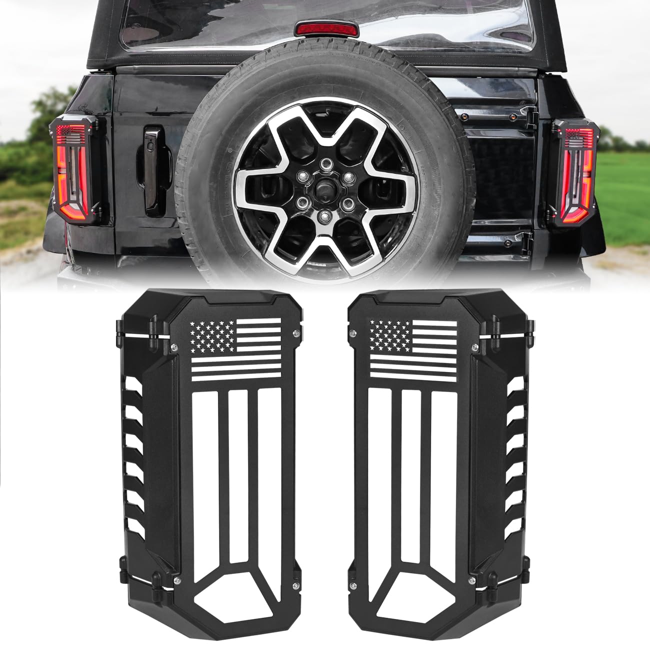 Photo 1 of MSIZOY Aluminum Tail Light Protector Trim Cover Rear Light Lamps Guards Compatible with for 2021 2022 2023 2024 2025 Ford Bronco 2/4 Door Exterior Accessories,Flag Style