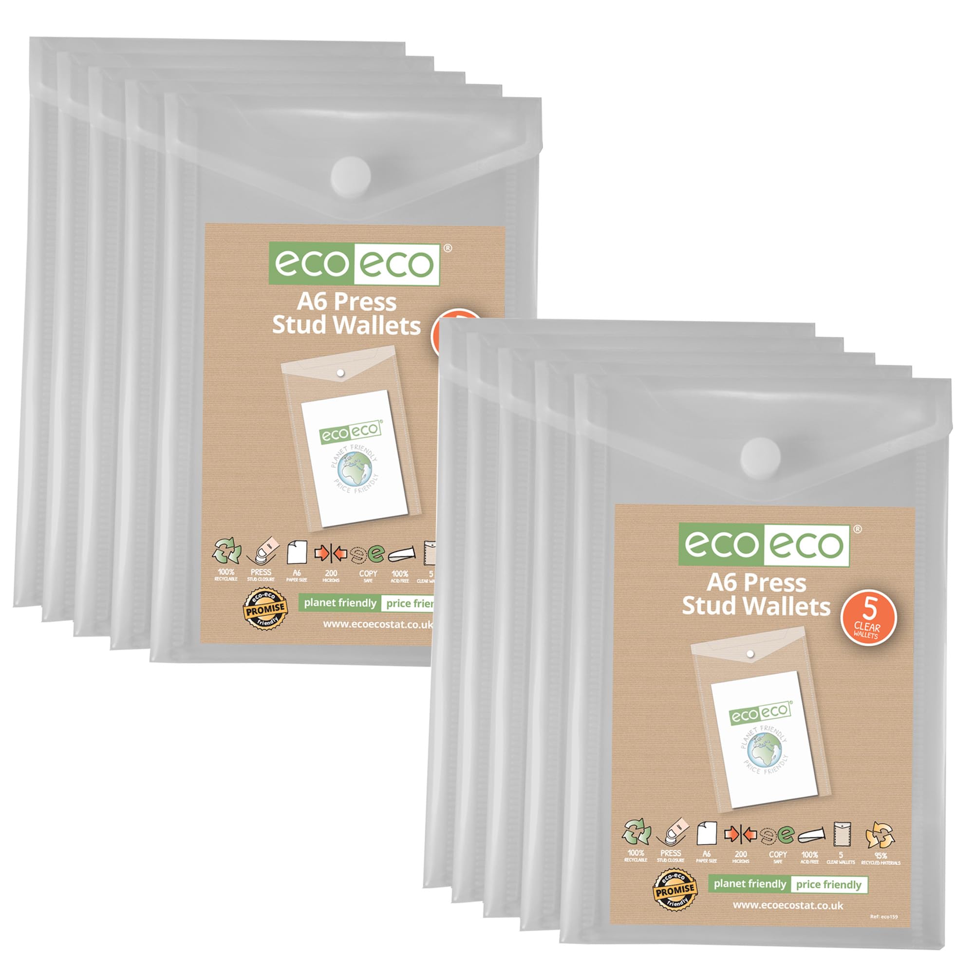eco-eco A6 50% Recycled Clear Transparent Portrait Press Stud Popper Wallet, Plastic Folders 180x120mm (Pack of 10), 200mic, eco159x2