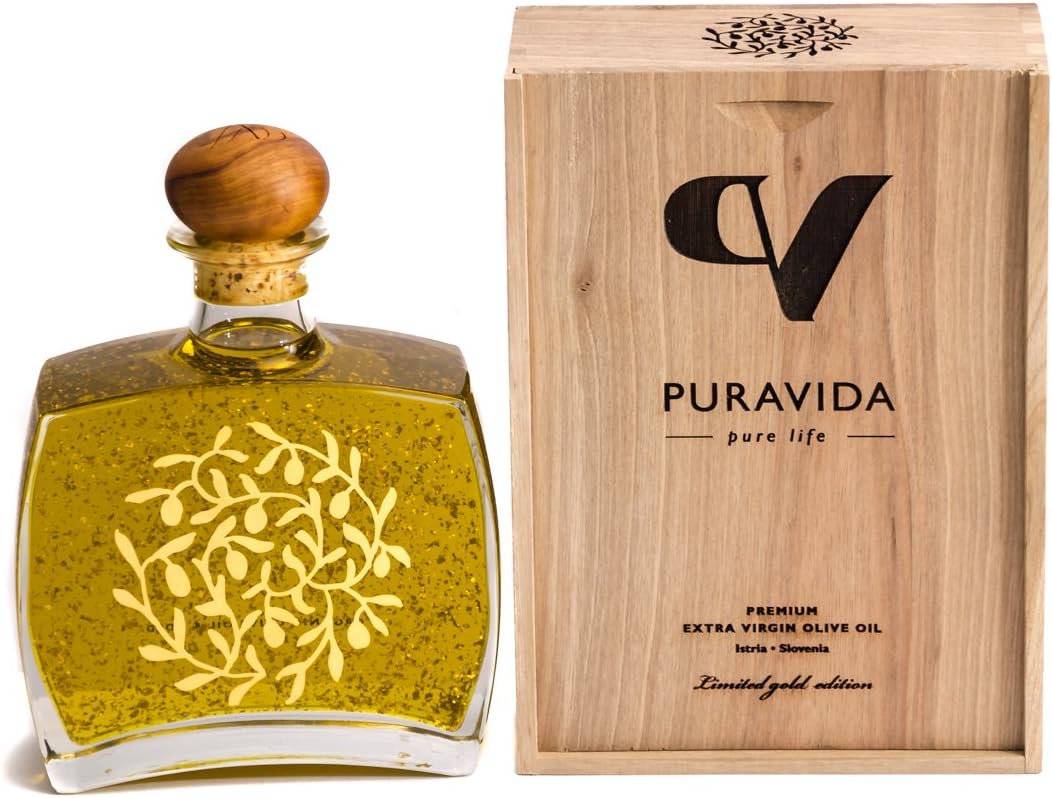 Puravida Olive Oil with gold 500ml - Cold pressed organic extra virgin oil with pure edible gold flakes in engraved wooden box casing - A hand-crafted gift set from Istria