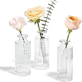 ComSaf Glass Bud Vases Set of 3, Small Flower Vases in Bulk, Mini Ribbed Vases for Centerpieces, Clear Vintage Vase for Table Decorations, Wedding, Party, Receptions, Home Decor (Different Sizes)