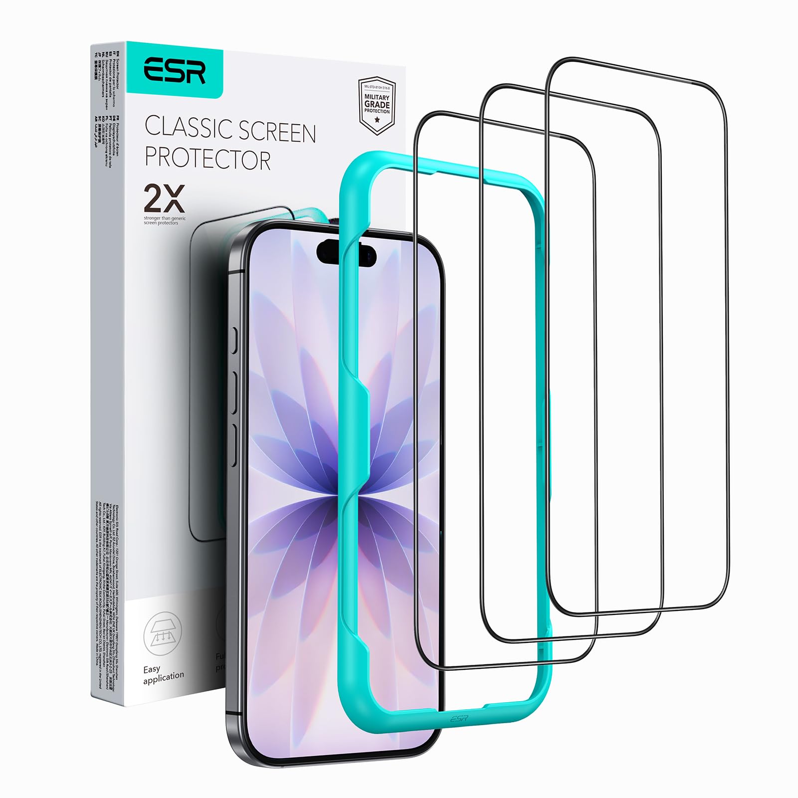 Photo 1 of ESR 3 Pack for iPhone 17/iPhone 16 Pro Screen Protector, [9H Hardness] [Military Grade Shatterproof] Full Coverage Tempered Glass Film with Easy Installation Tool, HD Clear, Scratch Resistant