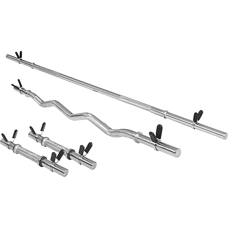 GORILLA SPORTS® Hantelstangen Set mit Langhantel, Kurzhanteln und SZ-Curlsstange Chrom – Standardnorm gerändelt 30/31mm mit F