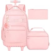 HPJGD 3PCS Girls Rolling Backpack, Womens Pink School Backpacks with Wheels, Water Resistant Roller Kids Wheeled Bookbag Set