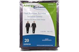 ALLERGY BE GONE Reusable Isolation Gowns - Fluid Resistant Polyester Non-Disposable Gowns for Medical Facilities - Protective Washable PPE Gowns for Dental, Testing Lab, Hospital Use - One Size Unisex Black 20-Pack