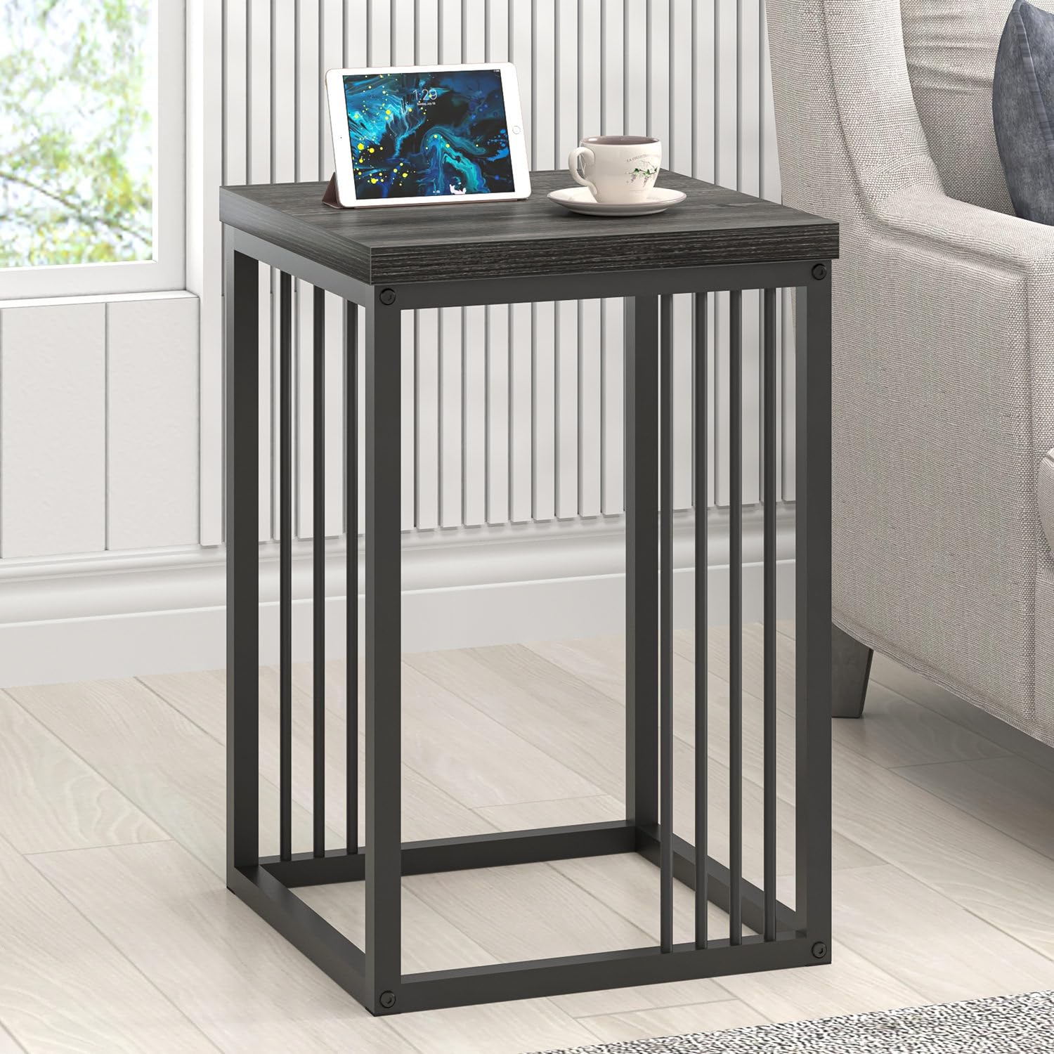 Photo 1 of FOLUBAN Modern Side Table, Rustic Wood and Metal End Table, Small Nightstand Bedside Table for Living Room Bedroom Office, Dark Gray