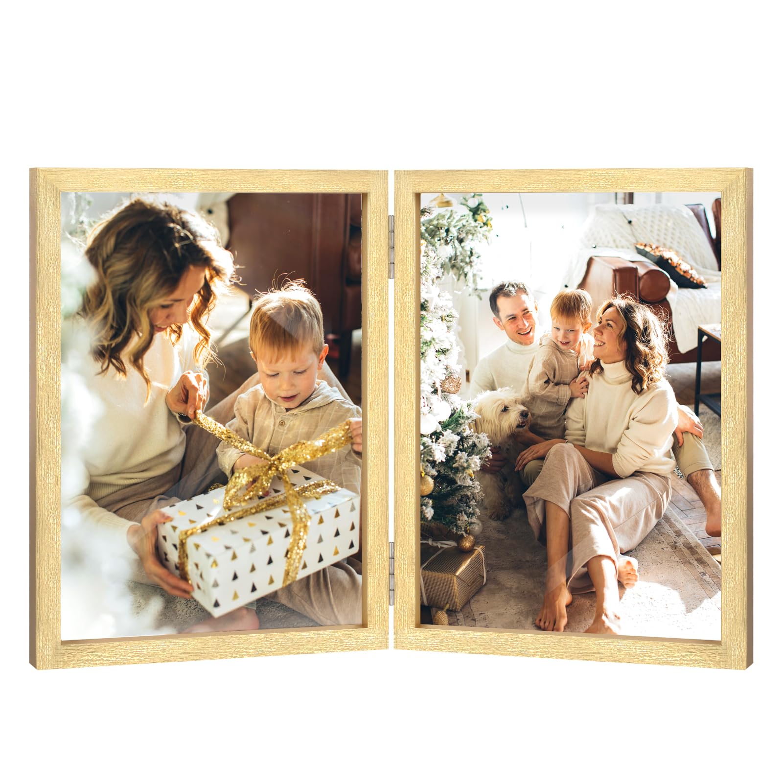 Double Photo Frame 4x6 Hinged Folding Wood Picture Frame with Glass Front Stand Vertical on Desktop Gold — image 1