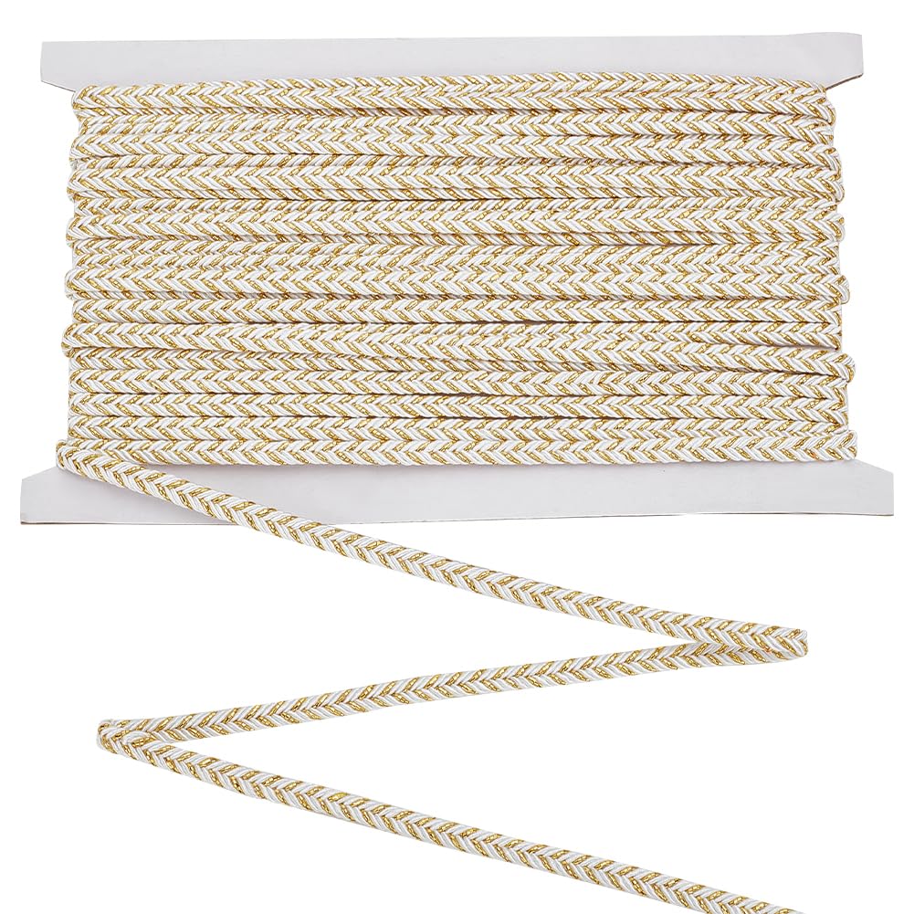 FINGERINSPIRE 10Yards/9.1m Metallic Gimp Braid Cord Trim 5mm Wide Golden & White Flat Polyester Metallic Braided Cord Decorative Braiding Band for Jewelry Making Bracelets Costume DIY Sewing