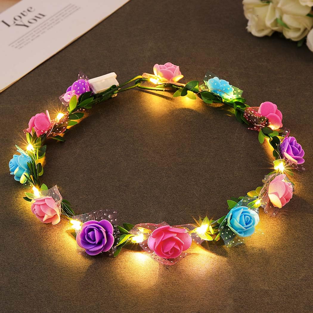 Zoestar Light Up Flower Crown Headband LED Hair Wreath Headbands Bridal Floral Headpiece Festival Party Hair Accessories for Women and Girls (Colorful, Standard Size)