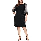 Alex Evenings Womens Plus Size Short Sheath Metallic Cocktail Dress with Embellished Sleeves and Cascade Ruffle Skirt