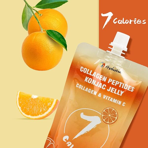 HETHSTIA KONJAC JELLY, 7 CALORIES, ORANGE FLAVOR | ZERO SUGAR | 10 PACKS | KETO, GLUTEN FREE, COLLAGEN PEPTIDES & VITAMIN C HEALTHY DRINKABLE POUCH DIET SNACK & GIFTS
