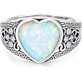LELOUCHY 10MM Heart Cut Vintage Opal Statement Ring 925 Sterling Silver Heart Shaped White/Black/Blue Opal Filigree Ring for Women Size 4-12