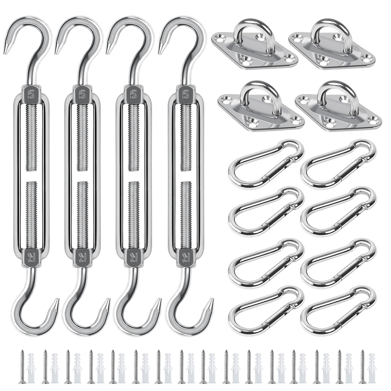 Covlongyu Awning Attachment Set, M5 Heavy Duty Sun Shade Sail Stainless Steel Hardware Kit for Rectangular/Triangles and Square, Suitable for Garden/Outdoor/Patio Lawn Sunshade Hooks (48pcs)
