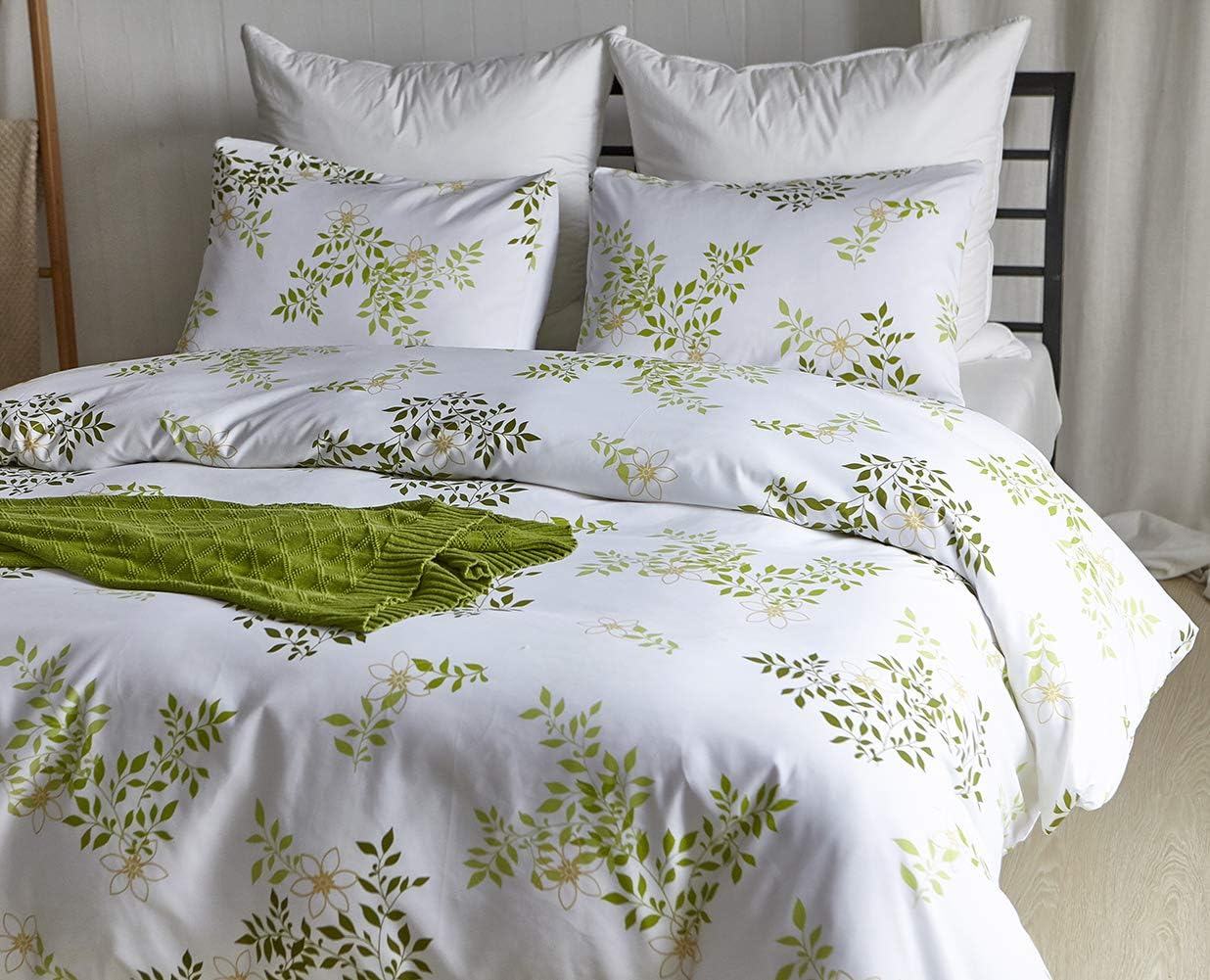 Chanyuan 3 Pieces Botanical Leaf Duvet Cover Set Queen Size, Green Leaves Printed on White, Country Rustic Garden Style Comforter Cover Full/Queen, Soft Microfiber Polyester Bedding Set