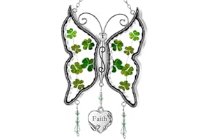 KY&BOSAM St Patrick's Day Decorations Gifts for Mom Faith Irish Butterfly Suncatcher Shamrock Stained Glass Suncatchers for Windows Ornament Real Flower Wings Mothers Day Brithday