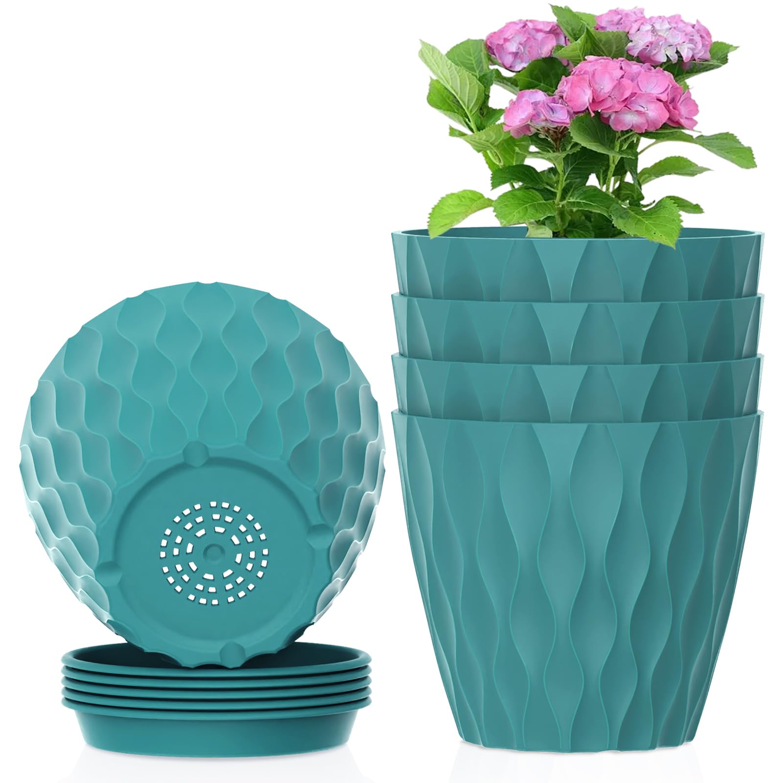 Photo 1 of Meowell 4 inch Small Plastic Nursery Pots, 5 Pack Water Ripples Flower Pots for Indoor Plants, Plant Pots with Drainage Holes and Saucers, Seedling Starter Planters for House Plants, Blue Green