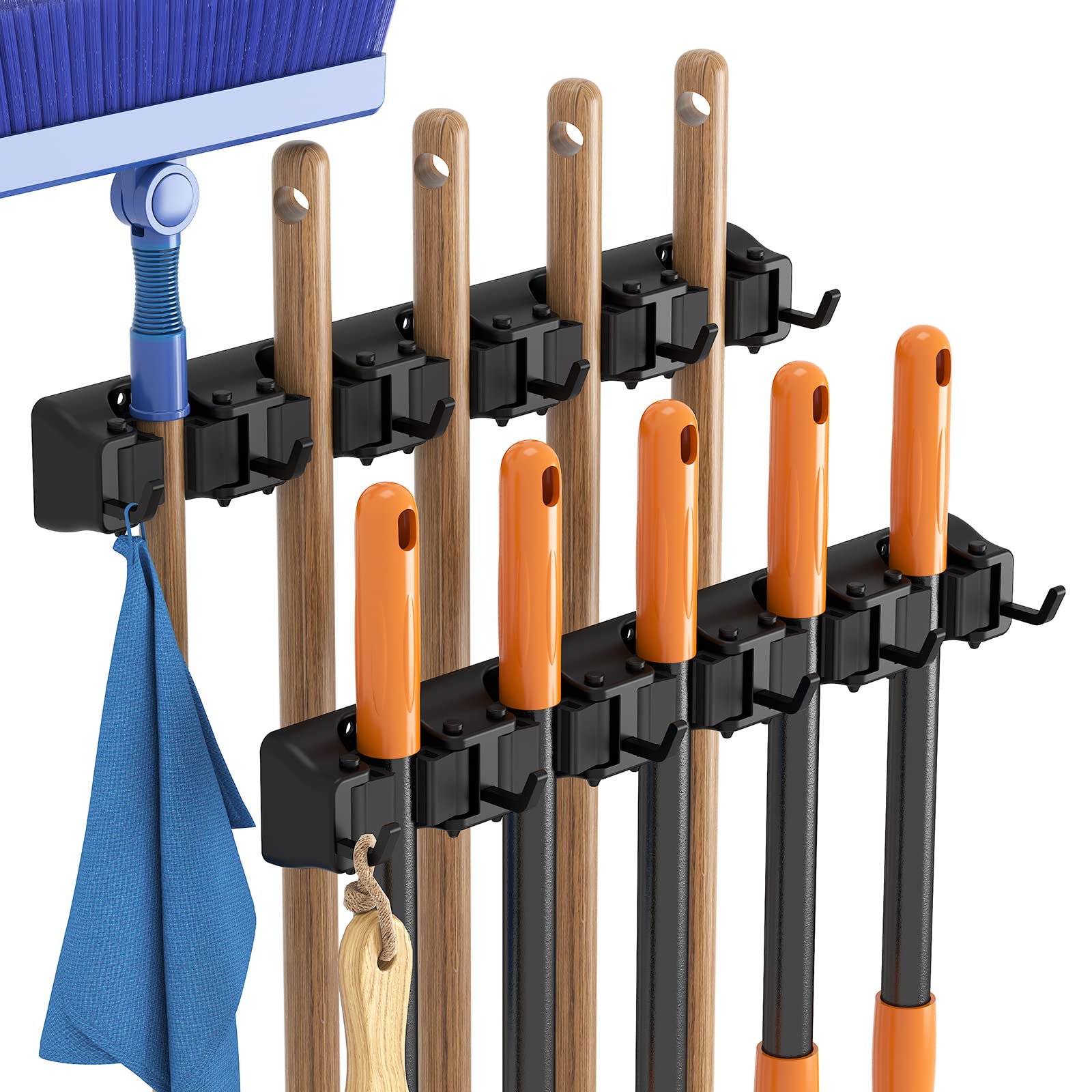 Lifewit Broom Mop Holder Wall Mounted, Heavy Duty Broom Storage with 5 Slot 6 Hooks, Utility Room Storage Solutions for Broom Cupboard Kitchen Bathroom Garage and Garden Tool Organiser, 2 Pack, Black