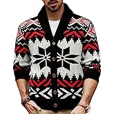 Men's Shawl Collar Cardigan Sweater, Geometric Jacquard Pattern, Black White Red, Knit Wool Blend, Button Front, Long Sleeve, Retro Style