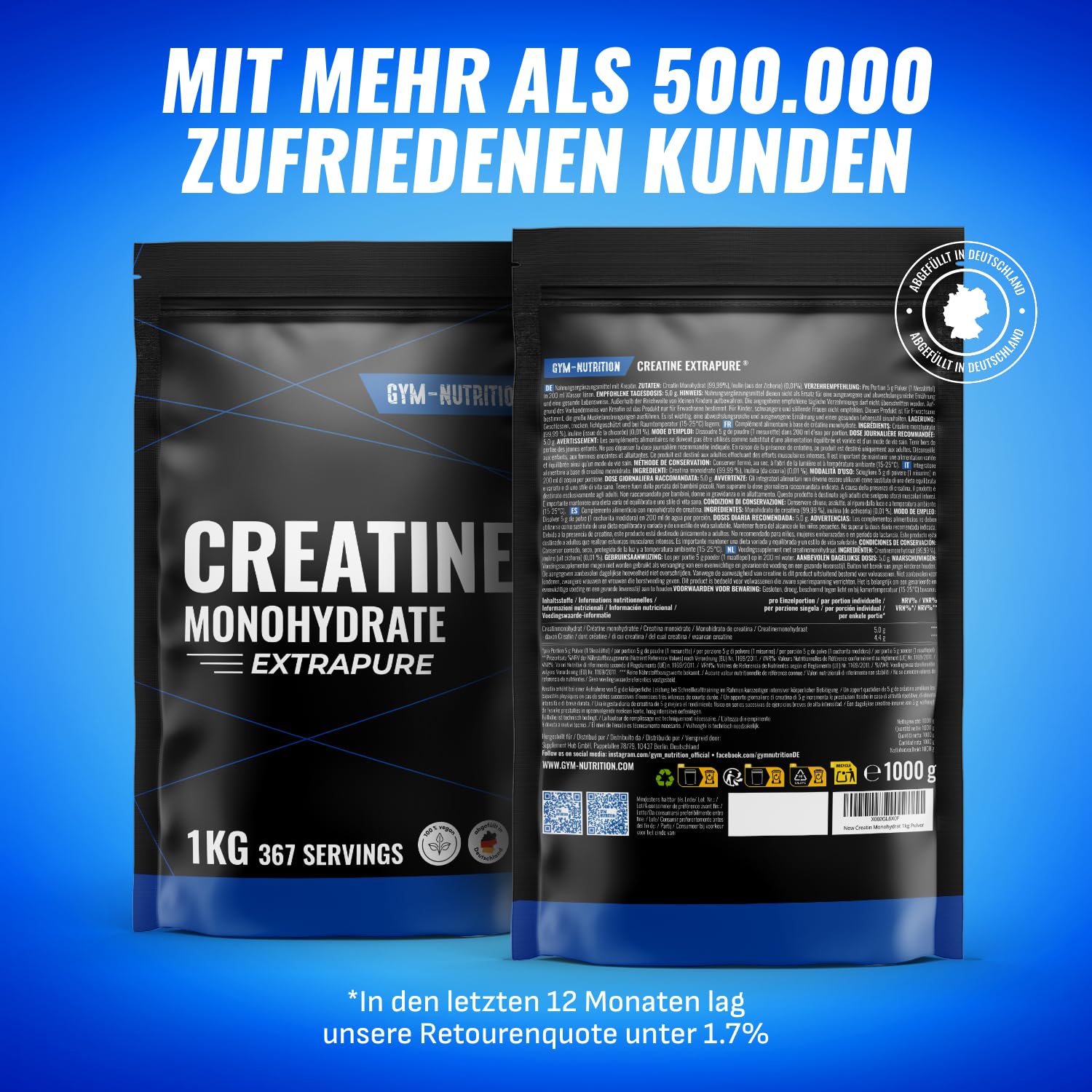 Creatin Monohydrat Pulver 1kg / 1000g - Ultra Reines Kreatin Monohydrat mit Inulin - Hochdosiert - Extrapure Creatine Monohydrat - Creatin Pulver Monohydrate - Vegan Jahresvorrat 4