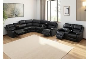 Anthato Manual Reclining Sectional Sofa Set, Living Room Furniture Sets, L-Shaped Sectional Couch & Loveseat, 8-Seat Faux Leather Recliner Couch with Coffee Table/Cup Holders/Storage for Office, Black