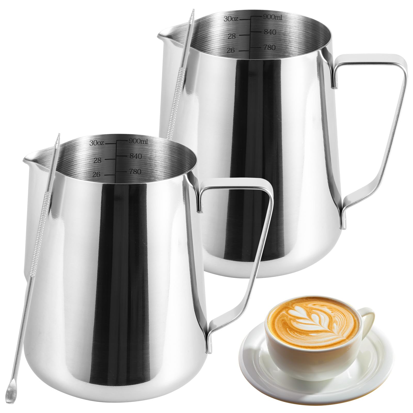 Photo 1 of 1 Pack Milk Frothing Pitcher 900ml 32oz Steaming Pitchers Stainless Steel Milk/Coffee/Cappuccino/Latte Art Steam Pitchers Milk Jug Cup with Art Pen(2)