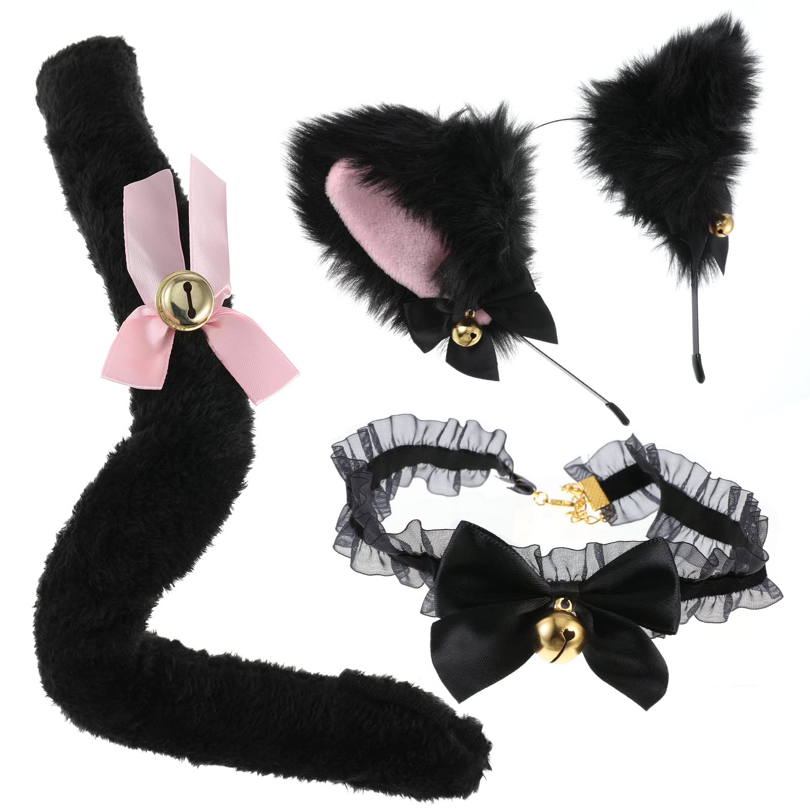 zhibeisai 3 PCS Cat Cosplay Date Costume Set Plush Furry Cat Headband Ears Headwear with Bells Necklace and Tail for Women Easter Fancy Dress Up For Anniversary Dates