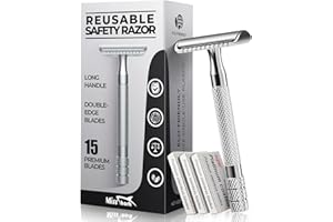 MISS SHARK Safety Razor for Men with 15 Stainless Steel Double Edge Blades, Long Handle Men’s Single Razors for Shaving, Imported Upgraded Blades Reduce Irritation, Silver