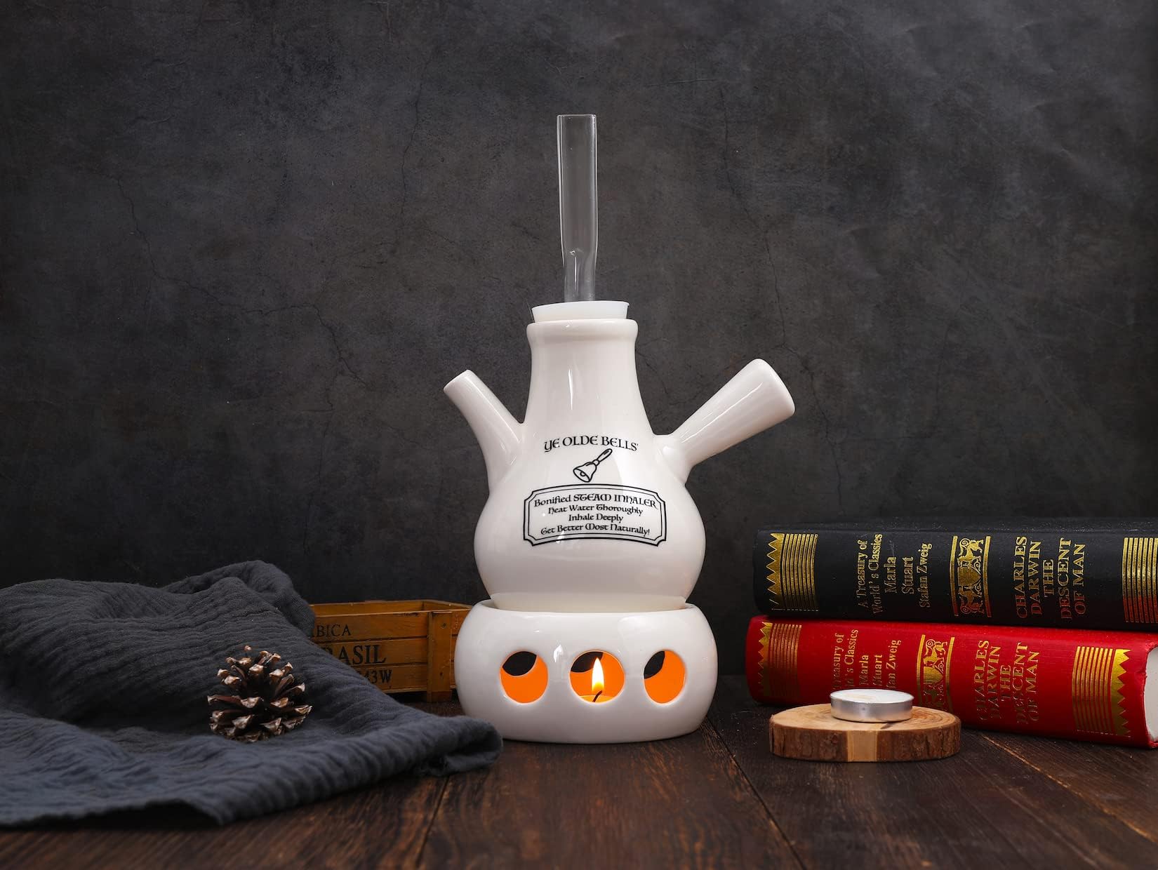 Ye Olde Bells’ Manual Candle Powered Steam Inhaler (Original Victorian Design by Dr Nelson) – Glass Inhaler, Candle Holder Base and Candles (Full Set) (Full Set)