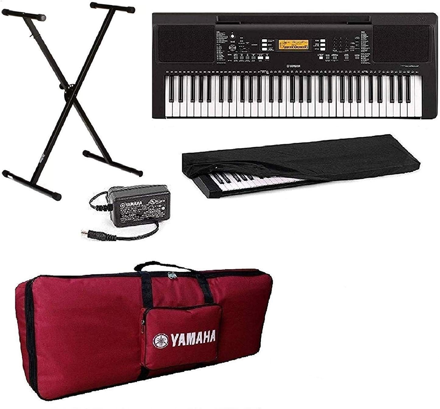 standzo Yamaha PSR-E363 Portable 61-Keys keyboard with Adapter, Red Carry Bag, Dust Cover and Stand Combo Pack
