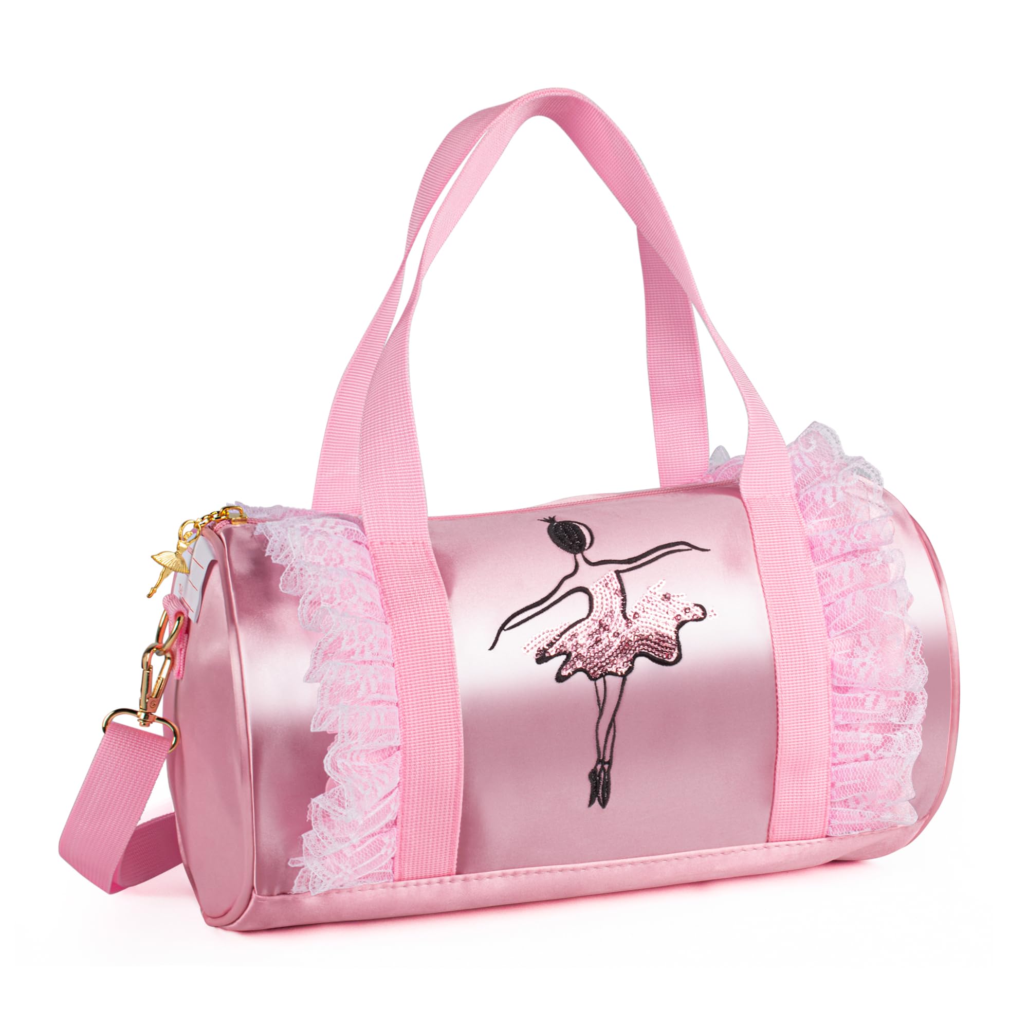 besbomig Girls Ballet Dance Bag, Pink Shoulder Crossbody Sports Bag, Princess Ballet Shoes Dancewear Storage Handbag Barrel Tote for Ballerina Dancer Kids Children
