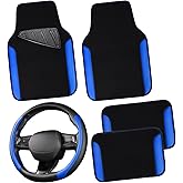 CAR PASS Faux Leather Steering Wheel Cover and Waterproof Car Floor Mats,Universal Car Combo Fit for 95% Sedan,SUV,Cars,14.5-15inch Sporty Anti-Slip Safety Comfortable Design(Black＆Bule)