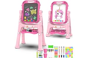 YLOVETOYS Kids Art Easel, Adjustable Drawing White Board & Chalk Board, Double Sided Toddler Easel with Painting Accessories, Educational Toy Birthday Gift for Girls Boy Age 3 4 5 (Rose Pink)