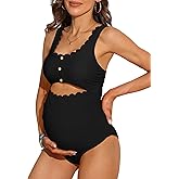 Charmo Maternity One Piece Swimsuit Scalloped Cut Out Ruched High Waisted Scoop Neck Pregnancy Bathing Suit