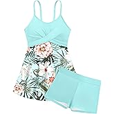 Girls Swimsuits Criss Cross Tropical Print Mesh Dress Bathing Suits with Shorts 2 Piece Tankini for Teens