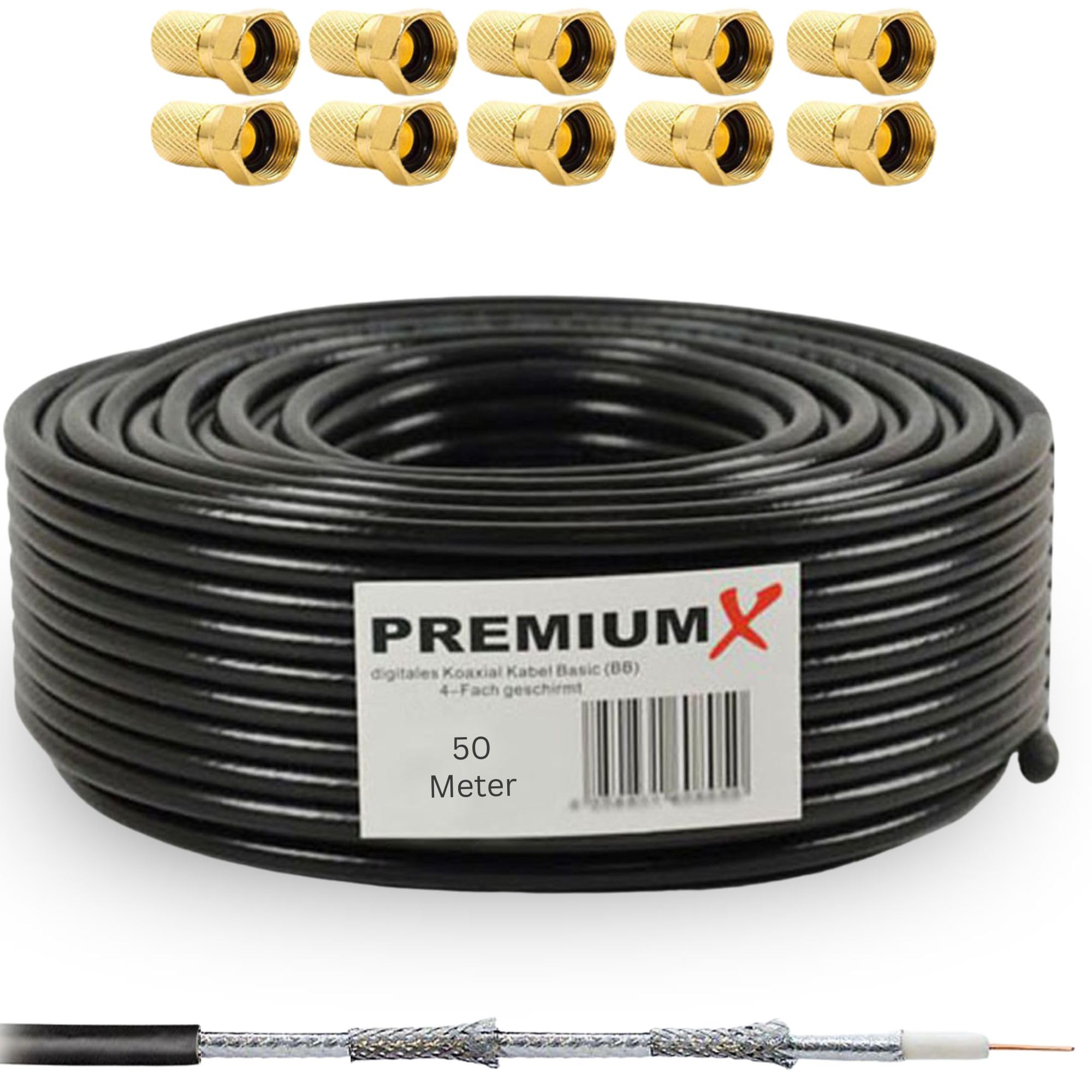 50m PremiumX DELUXE PRO coaxial cable BLACK 135dB 5-way shielded, pure copper SAT antenna cable 50m 135dB new + 10x F-connector 8.0mm gold-colored